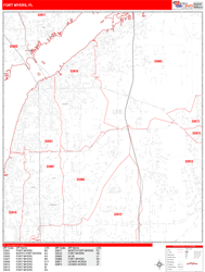 Fort Myers Wall Map Zip Code Red Line Style 2024